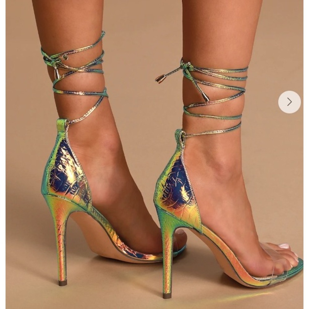 Lulus Hologram Iridescent Snake Ankle Strap‎ Stiletto Heels Women Size 6.5 NEW